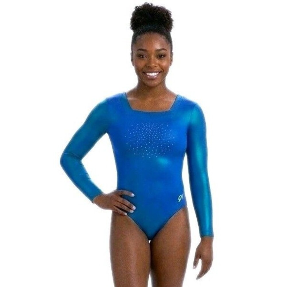 GK Elite Bling Studded Matte Iridescent Logo Leotard Square Neck Blue Green AM